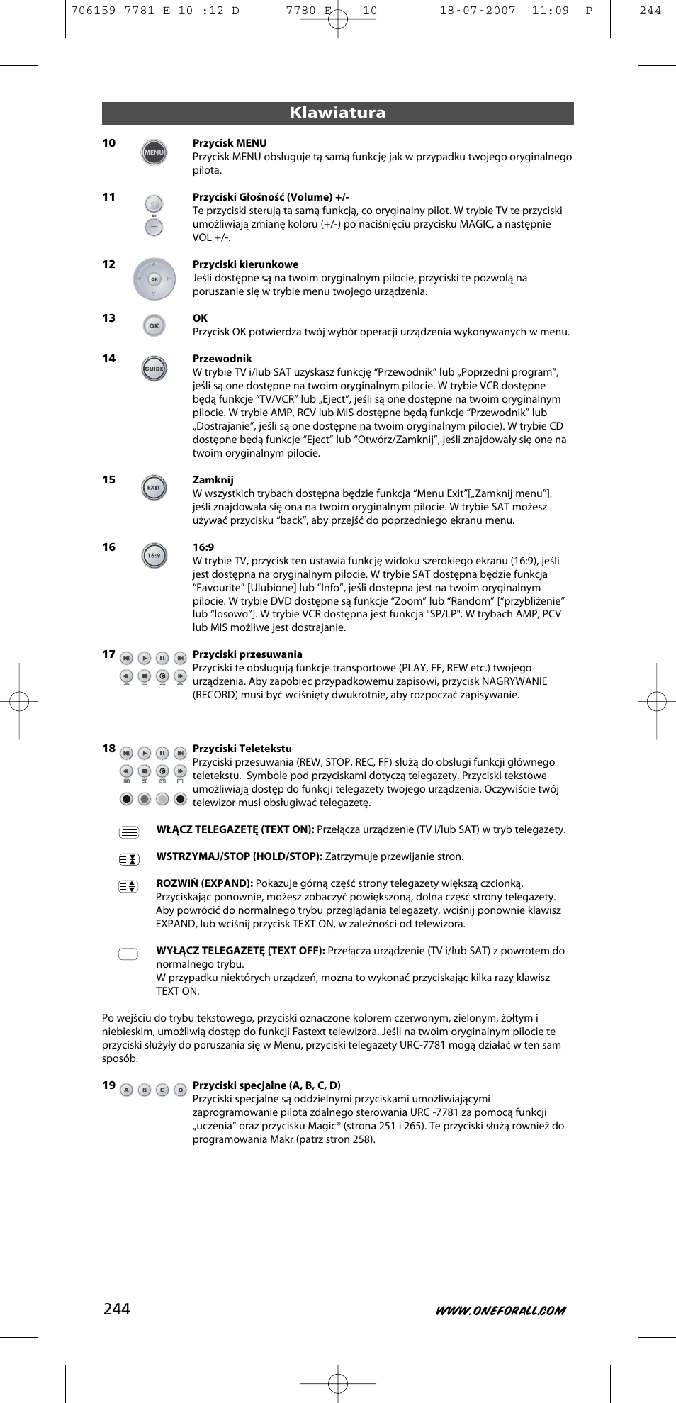 Klawiatura | One for All URC-7781 User Manual | Page 245 / 319