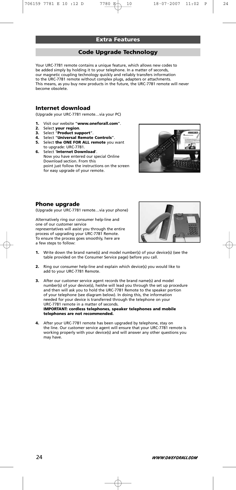 Internet download, Phone upgrade, Extra features code upgrade technology | One for All URC-7781 User Manual | Page 25 / 319