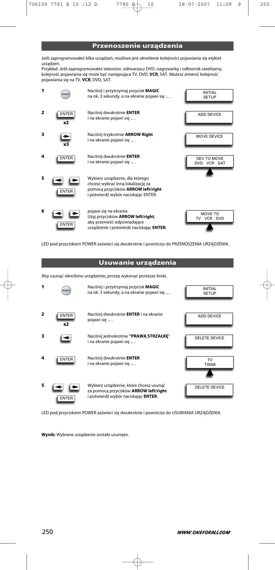 Przenoszenie urządzenia, Usuwanie urządzenia | One for All URC-7781 User Manual | Page 251 / 319