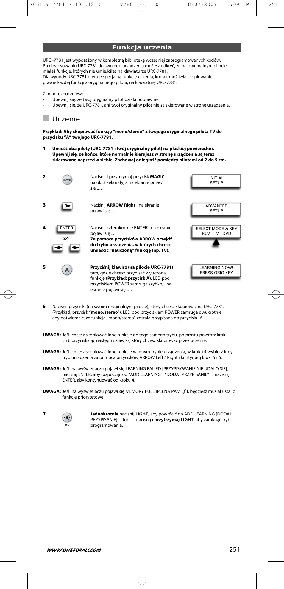 Funkcja uczenia, Uczenie | One for All URC-7781 User Manual | Page 252 / 319