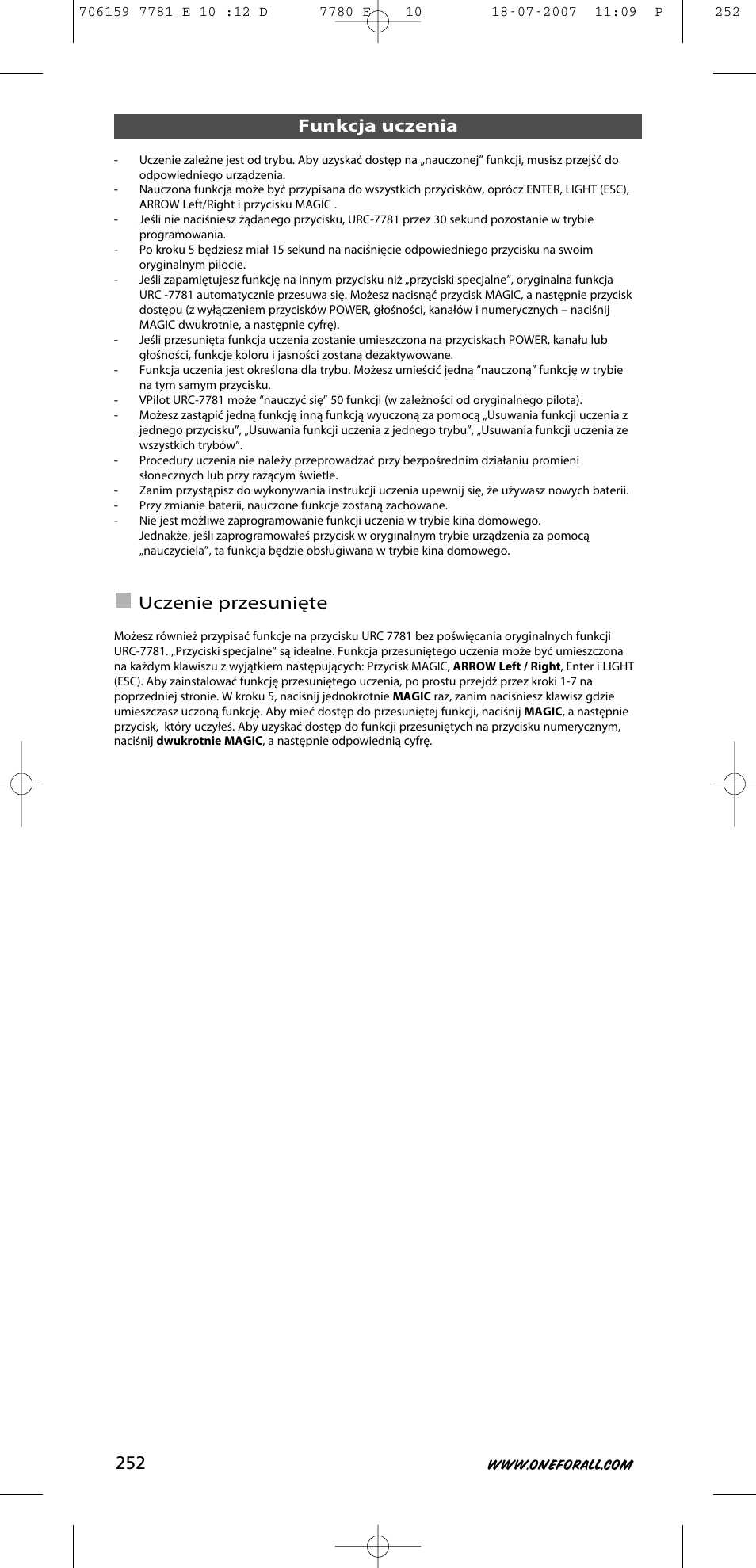 Funkcja uczenia, Uczenie przesunięte | One for All URC-7781 User Manual | Page 253 / 319