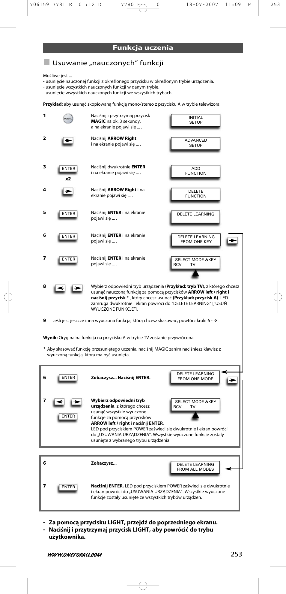 253 funkcja uczenia usuwanie „nauczonych” funkcji | One for All URC-7781 User Manual | Page 254 / 319