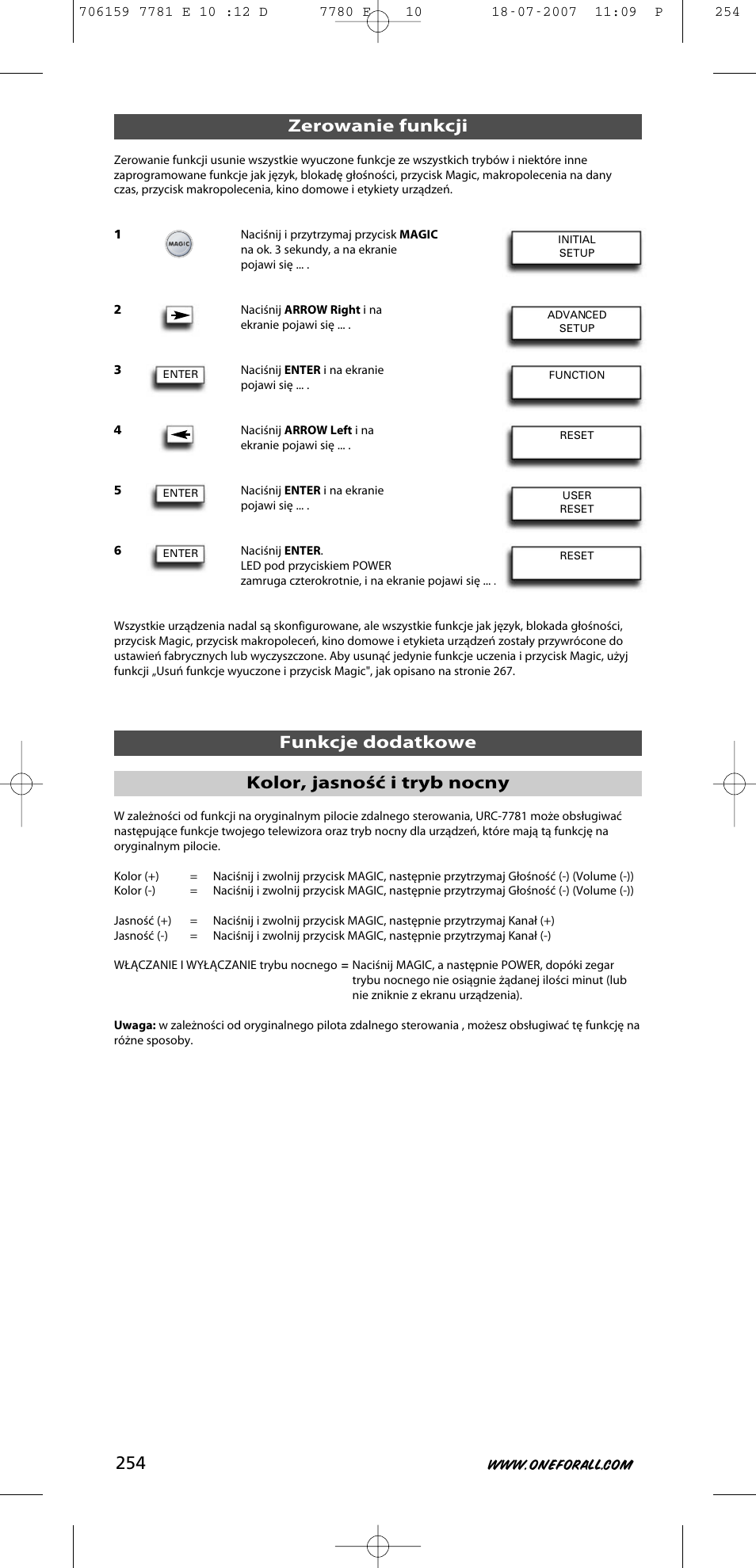 Zerowanie funkcji funkcje dodatkowe, Kolor, jasność i tryb nocny | One for All URC-7781 User Manual | Page 255 / 319