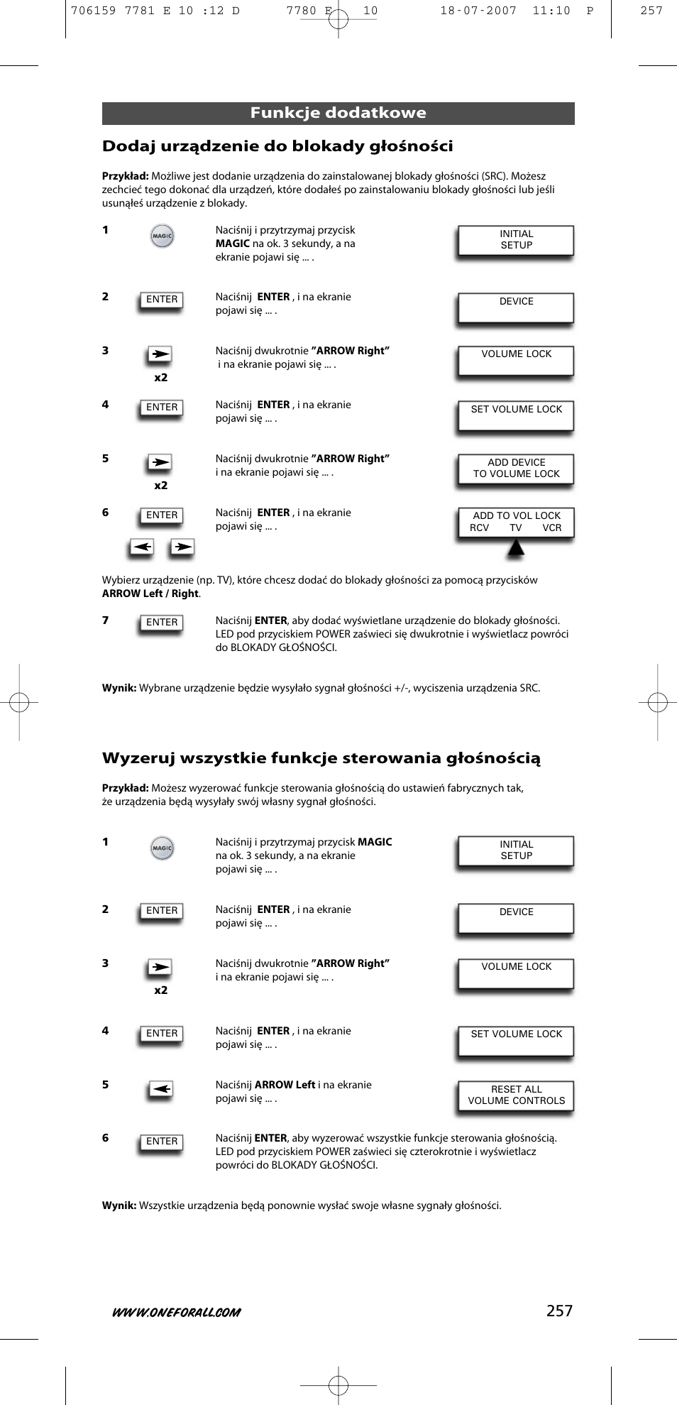 Wyzeruj wszystkie funkcje sterowania głośnością | One for All URC-7781 User Manual | Page 258 / 319