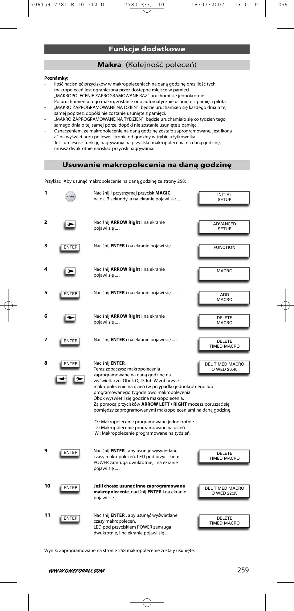 Usuwanie makropolecenia na daną godzinę, Funkcje dodatkowe makra (kolejność poleceń) | One for All URC-7781 User Manual | Page 260 / 319