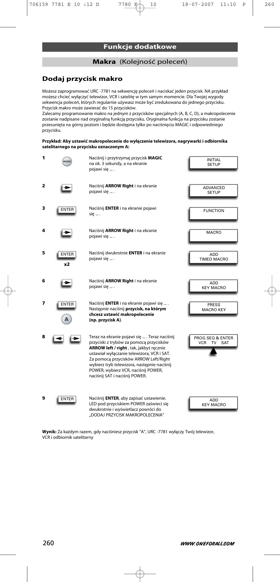 Dodaj przycisk makro, Funkcje dodatkowe makra (kolejność poleceń) | One for All URC-7781 User Manual | Page 261 / 319