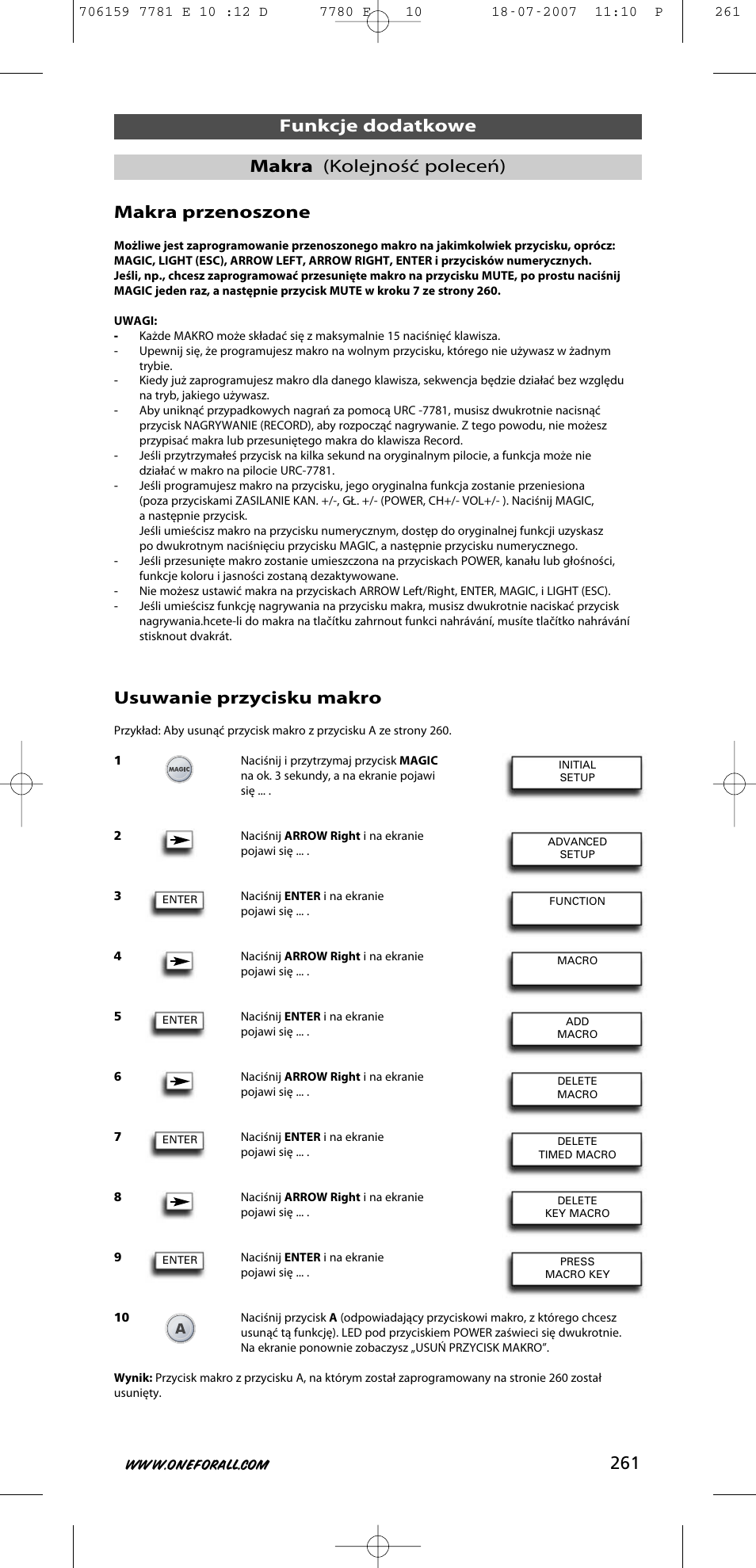 Makra przenoszone, Usuwanie przycisku makro, Funkcje dodatkowe makra (kolejność poleceń) | One for All URC-7781 User Manual | Page 262 / 319