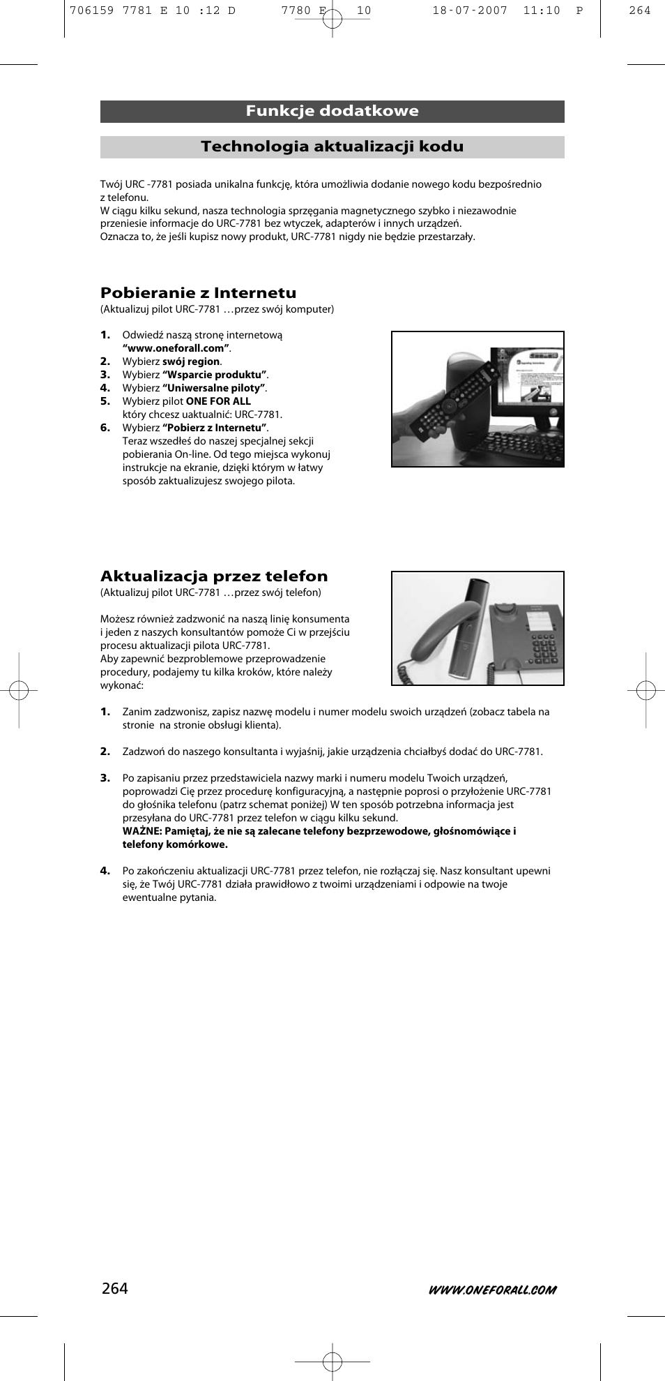 Pobieranie z internetu, Aktualizacja przez telefon, Funkcje dodatkowe technologia aktualizacji kodu | One for All URC-7781 User Manual | Page 265 / 319