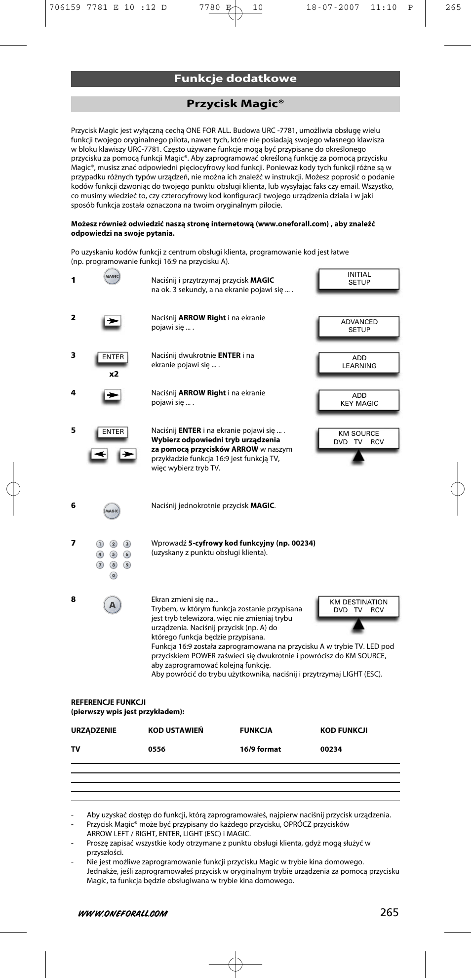Funkcje dodatkowe przycisk magic | One for All URC-7781 User Manual | Page 266 / 319