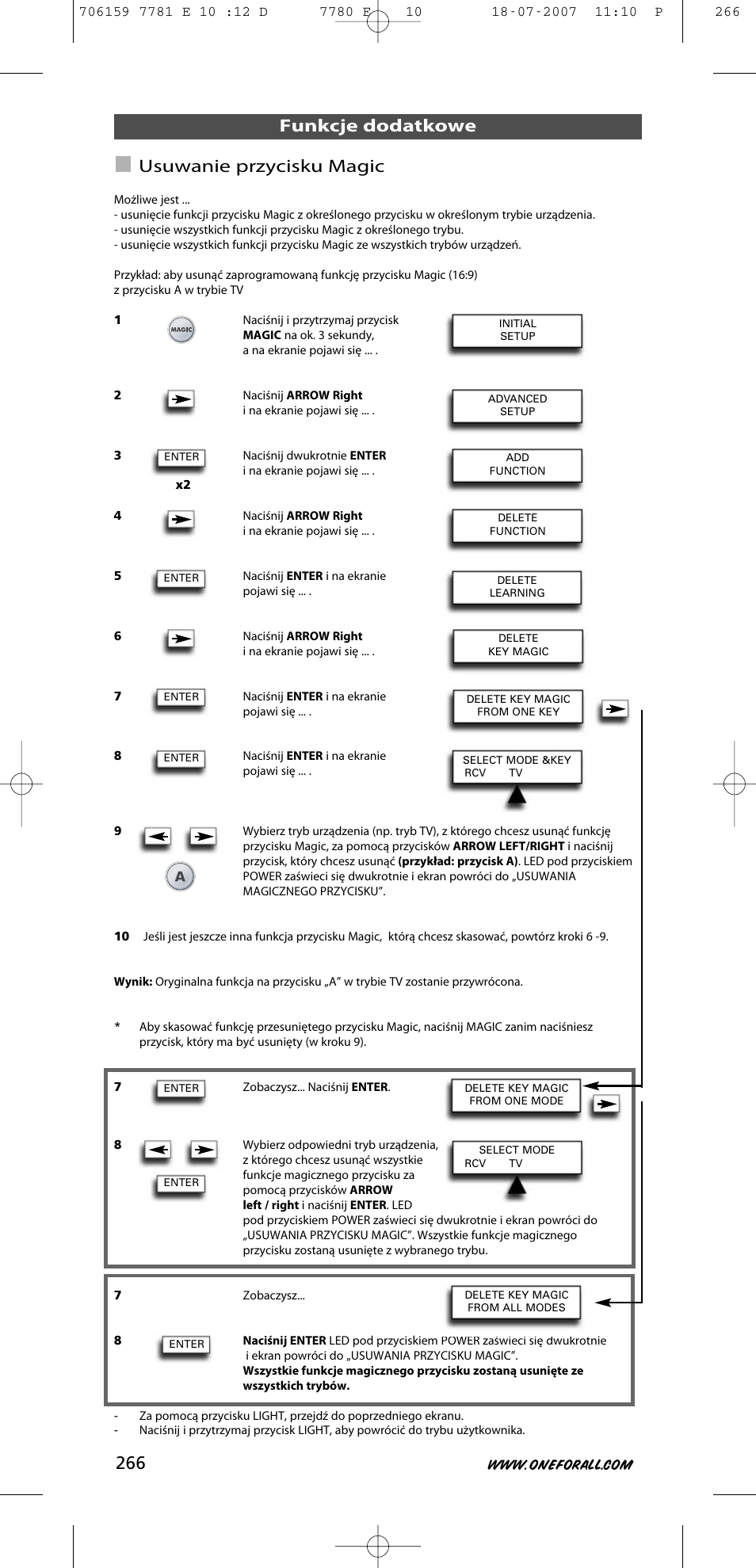Funkcje dodatkowe usuwanie przycisku magic | One for All URC-7781 User Manual | Page 267 / 319