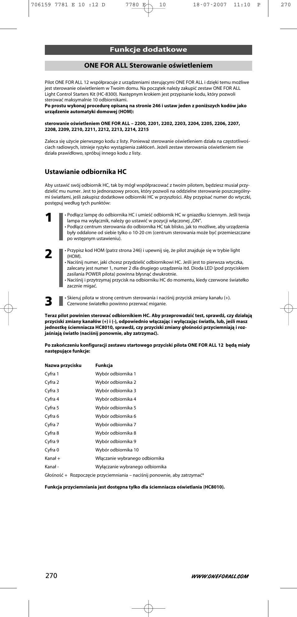 Ustawianie odbiornika hc | One for All URC-7781 User Manual | Page 271 / 319
