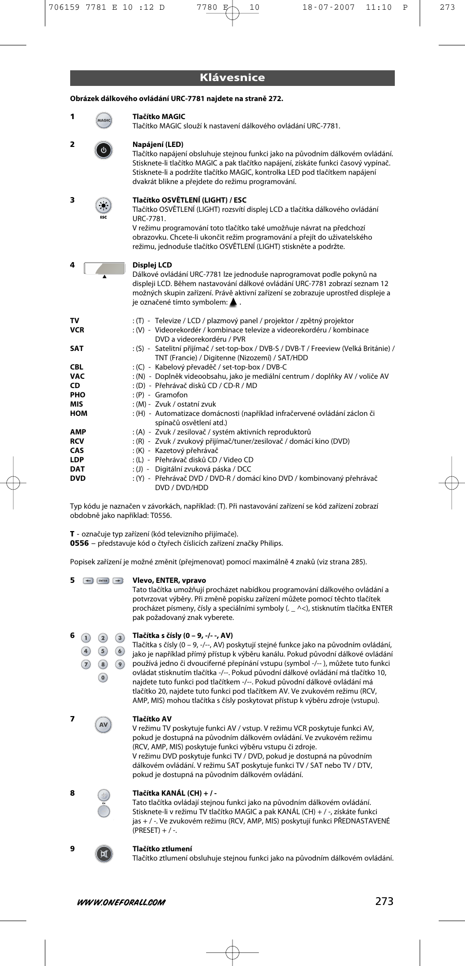 273 klávesnice | One for All URC-7781 User Manual | Page 274 / 319