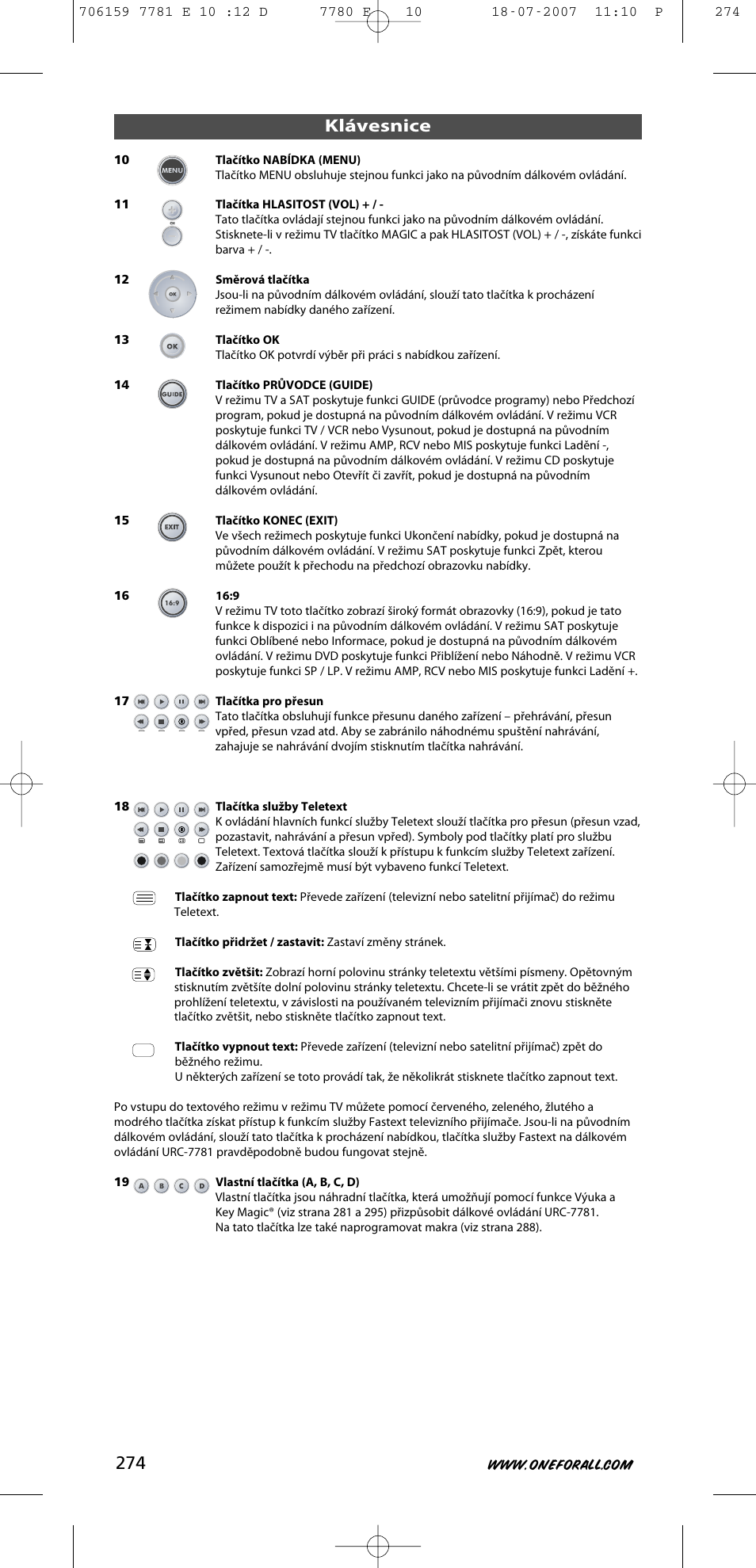 Klávesnice | One for All URC-7781 User Manual | Page 275 / 319