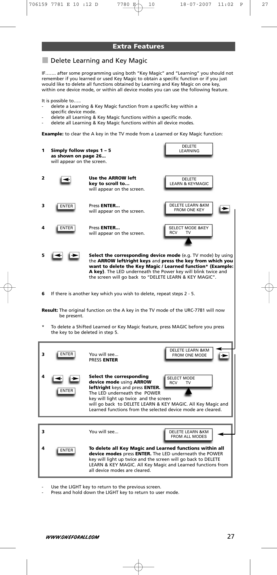 27 extra features delete learning and key magic | One for All URC-7781 User Manual | Page 28 / 319