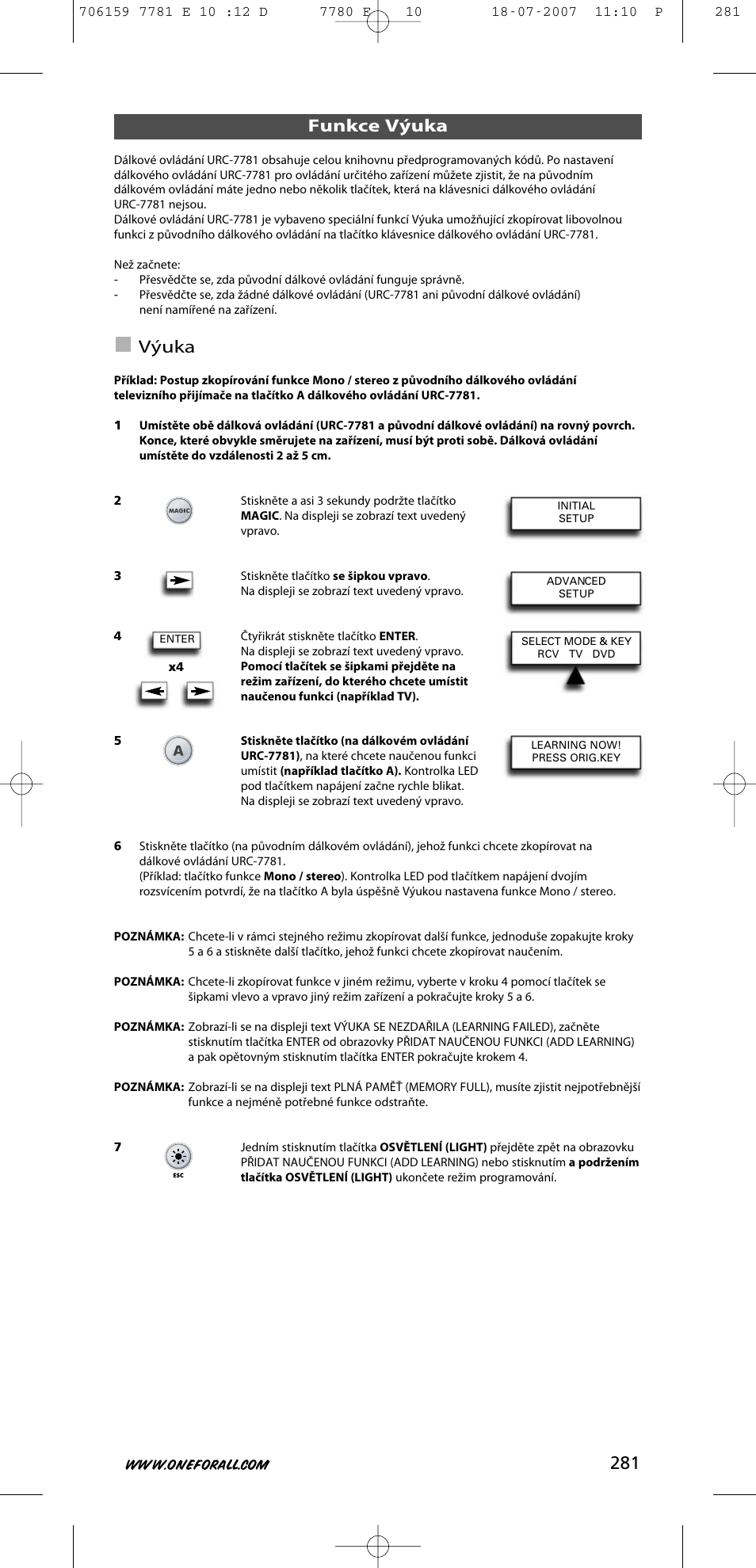 Funkce výuka, Výuka | One for All URC-7781 User Manual | Page 282 / 319