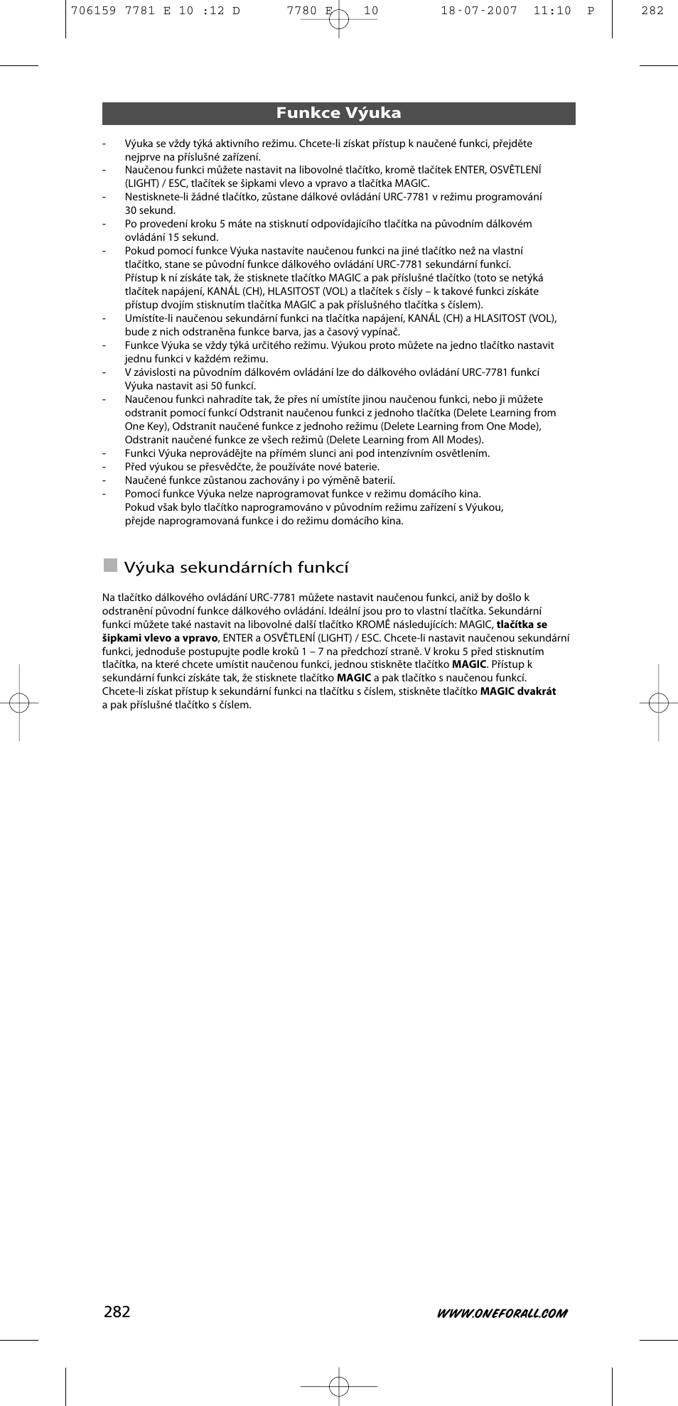 Funkce výuka, Výuka sekundárních funkcí | One for All URC-7781 User Manual | Page 283 / 319