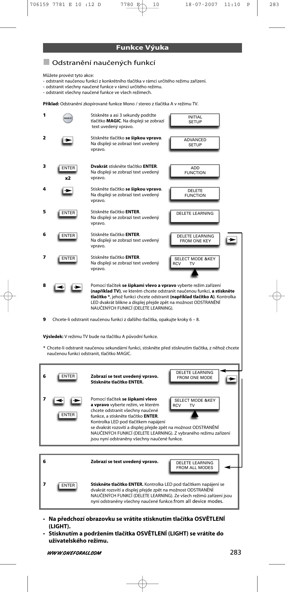 283 funkce výuka odstranění naučených funkcí | One for All URC-7781 User Manual | Page 284 / 319