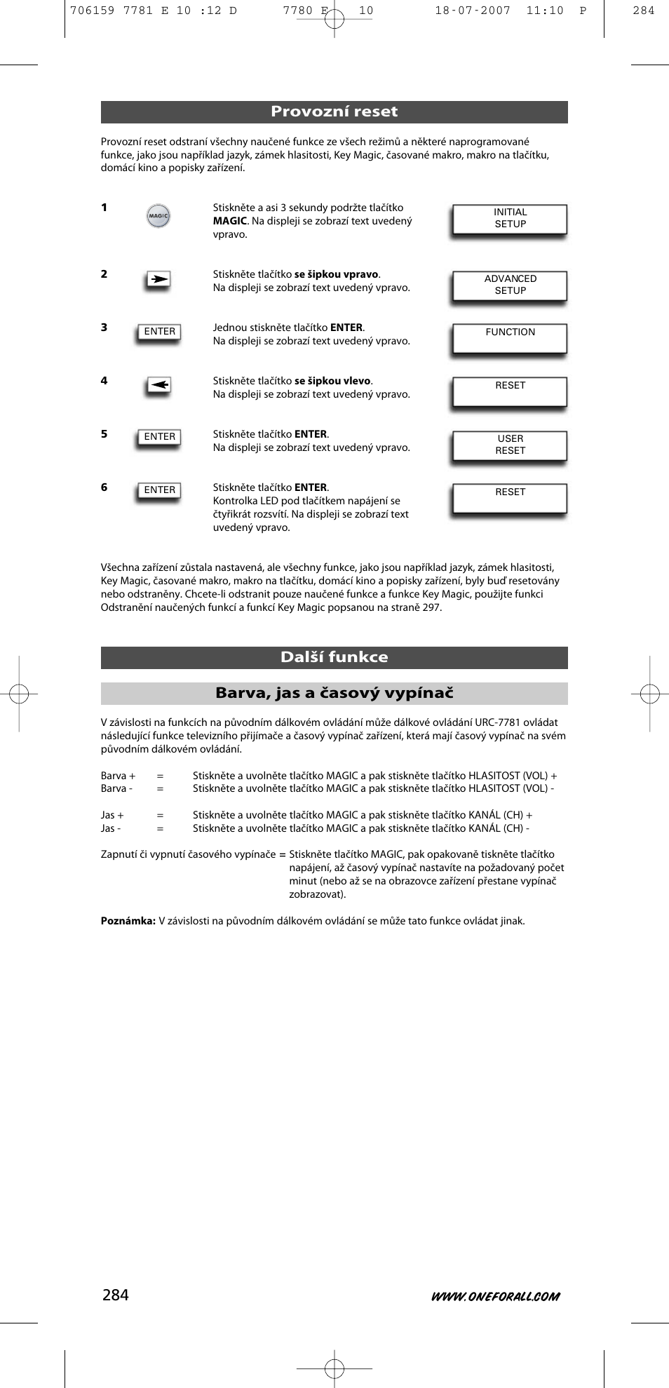 Provozní reset další funkce, Barva, jas a časový vypínač | One for All URC-7781 User Manual | Page 285 / 319