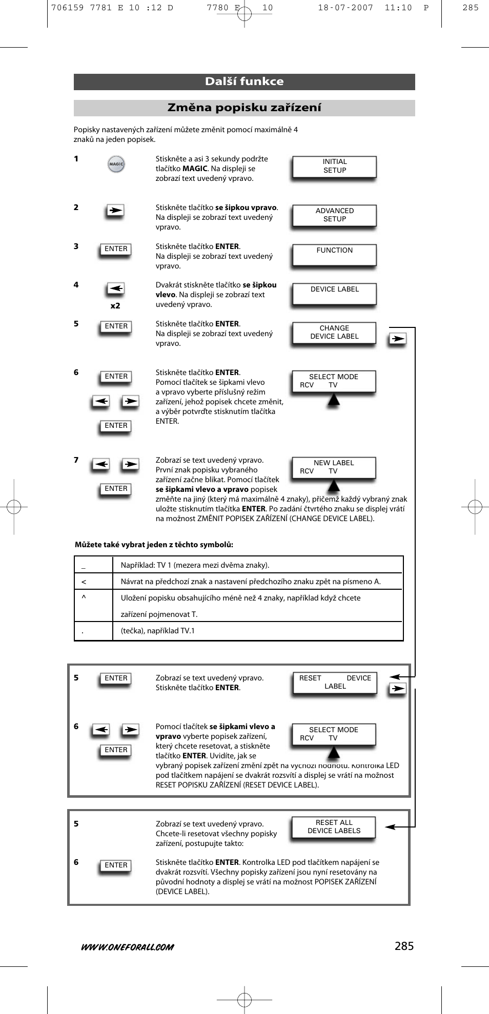 285 další funkce změna popisku zařízení | One for All URC-7781 User Manual | Page 286 / 319