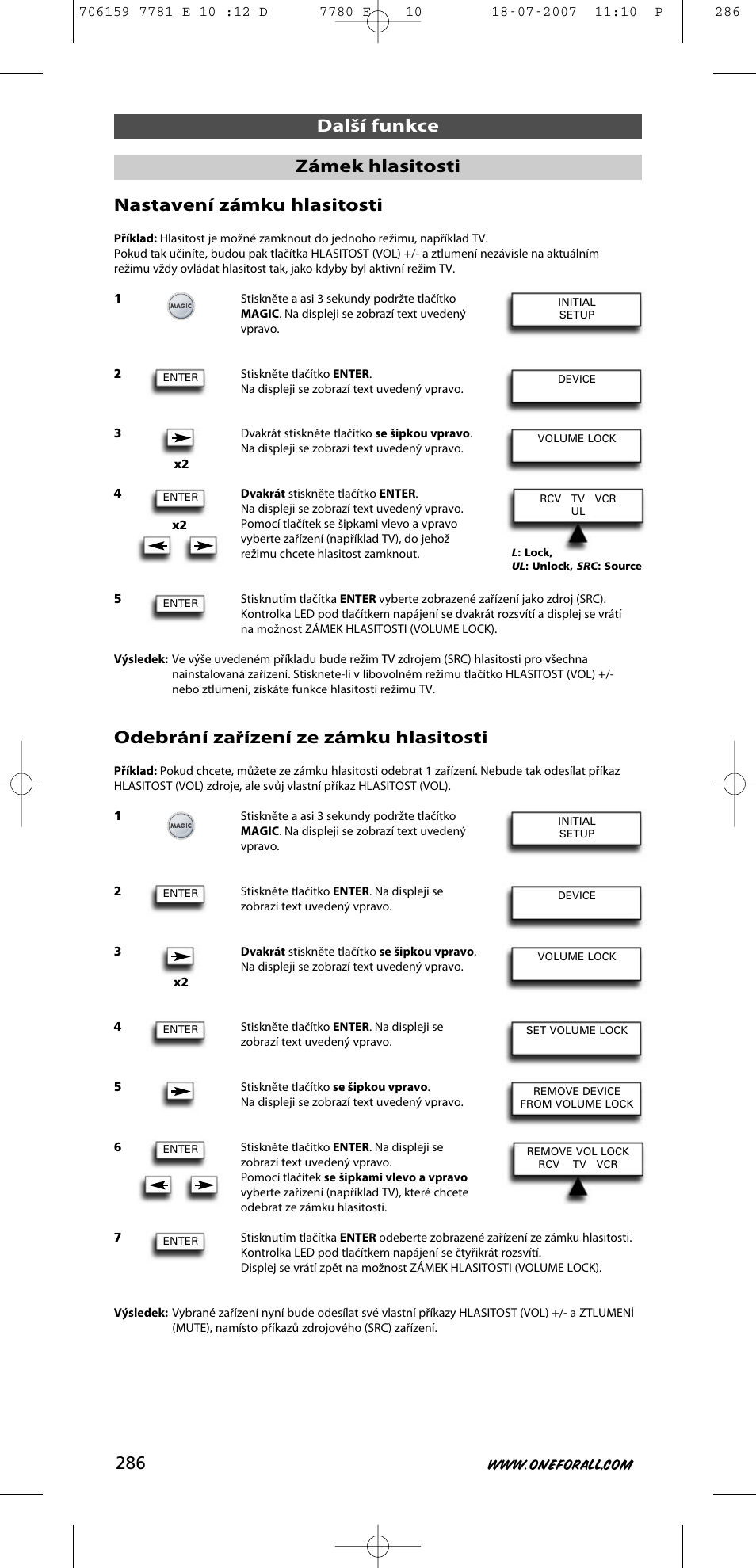 Další funkce nastavení zámku hlasitosti, Odebrání zařízení ze zámku hlasitosti, Zámek hlasitosti | One for All URC-7781 User Manual | Page 287 / 319