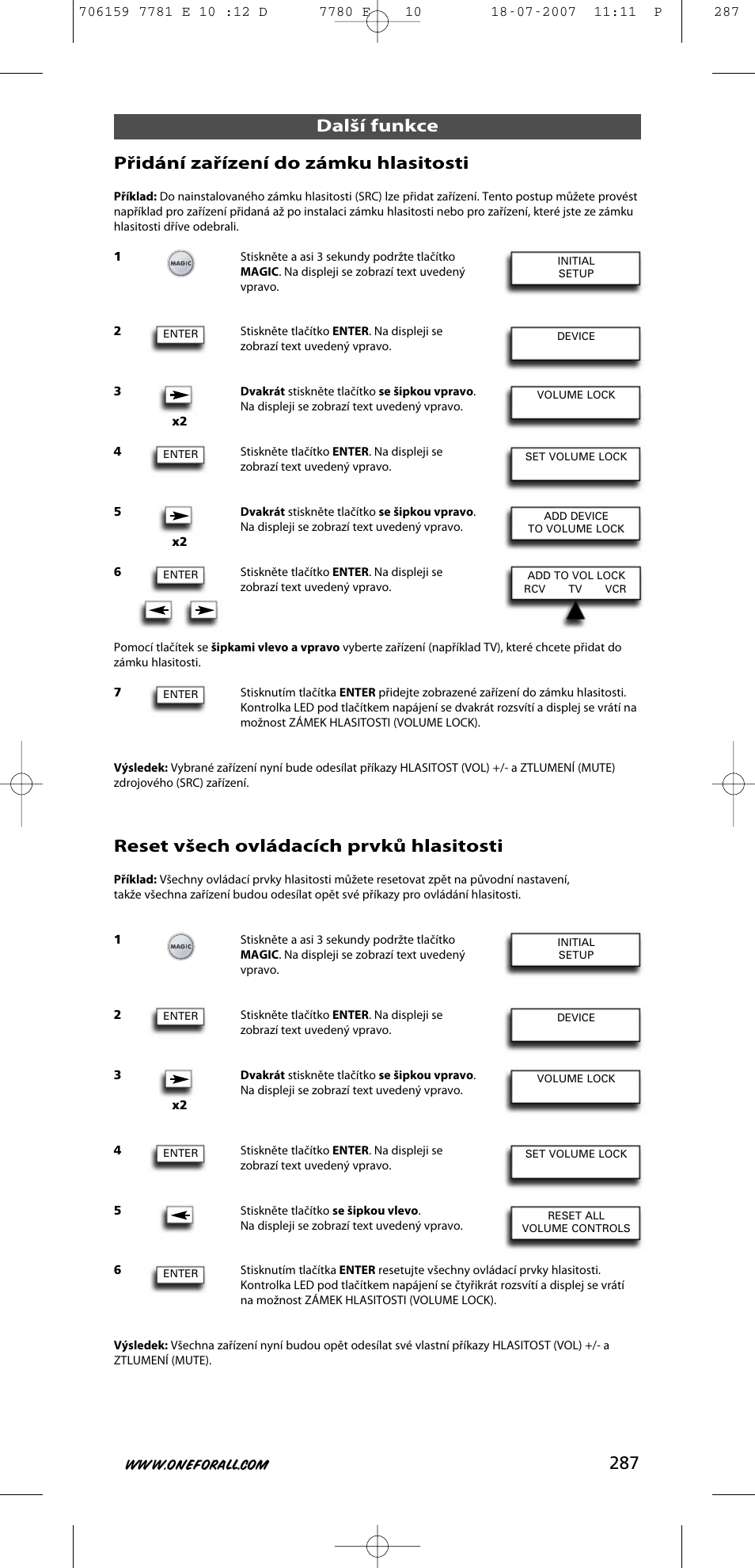 Další funkce přidání zařízení do zámku hlasitosti, Reset všech ovládacích prvků hlasitosti | One for All URC-7781 User Manual | Page 288 / 319