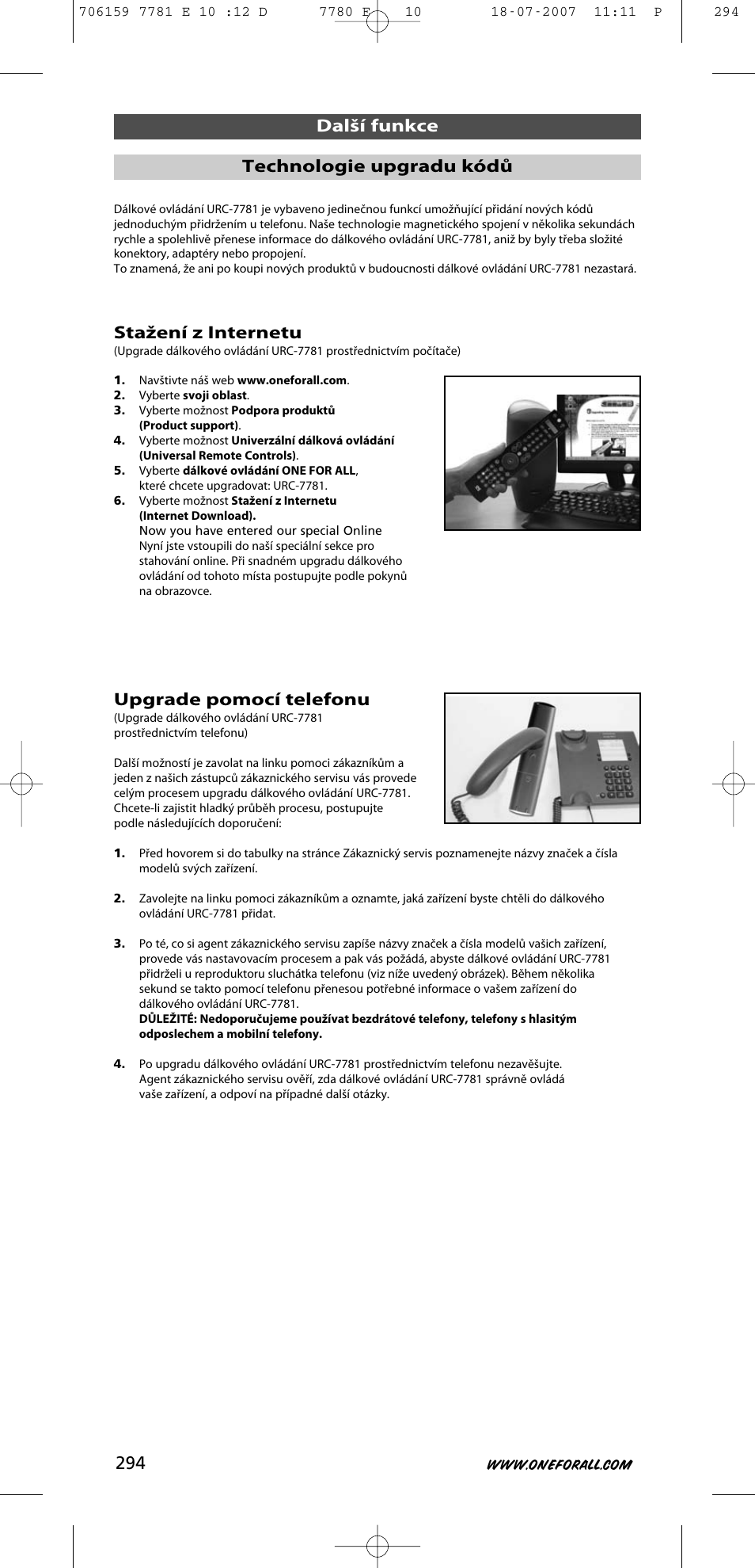 Stažení z internetu, Upgrade pomocí telefonu, Další funkce technologie upgradu kódů | One for All URC-7781 User Manual | Page 295 / 319