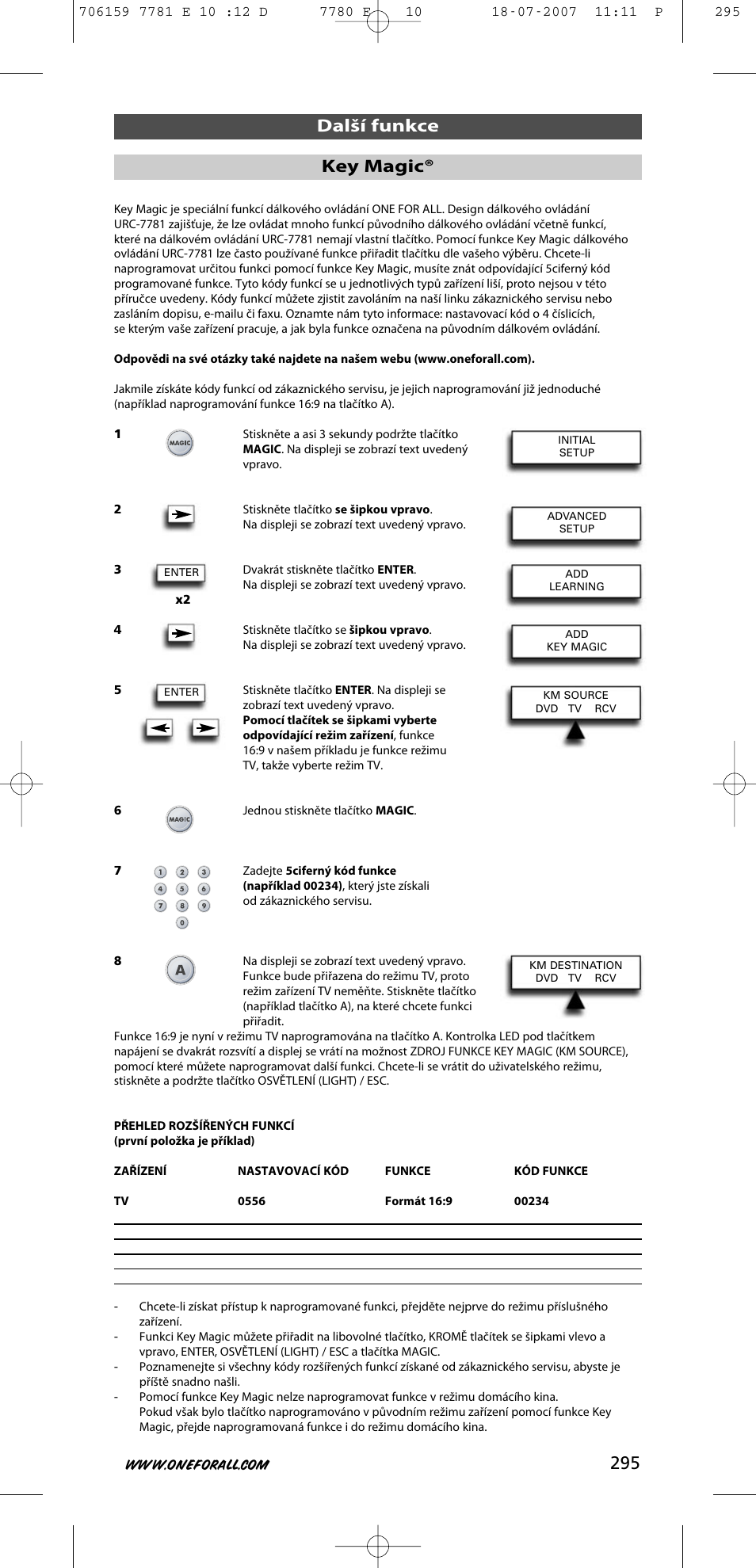 Další funkce key magic | One for All URC-7781 User Manual | Page 296 / 319
