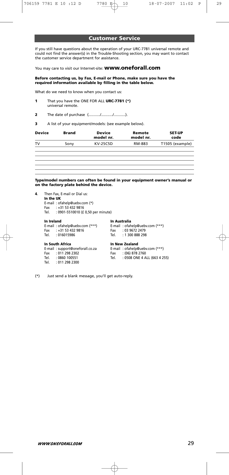 29 customer service | One for All URC-7781 User Manual | Page 30 / 319