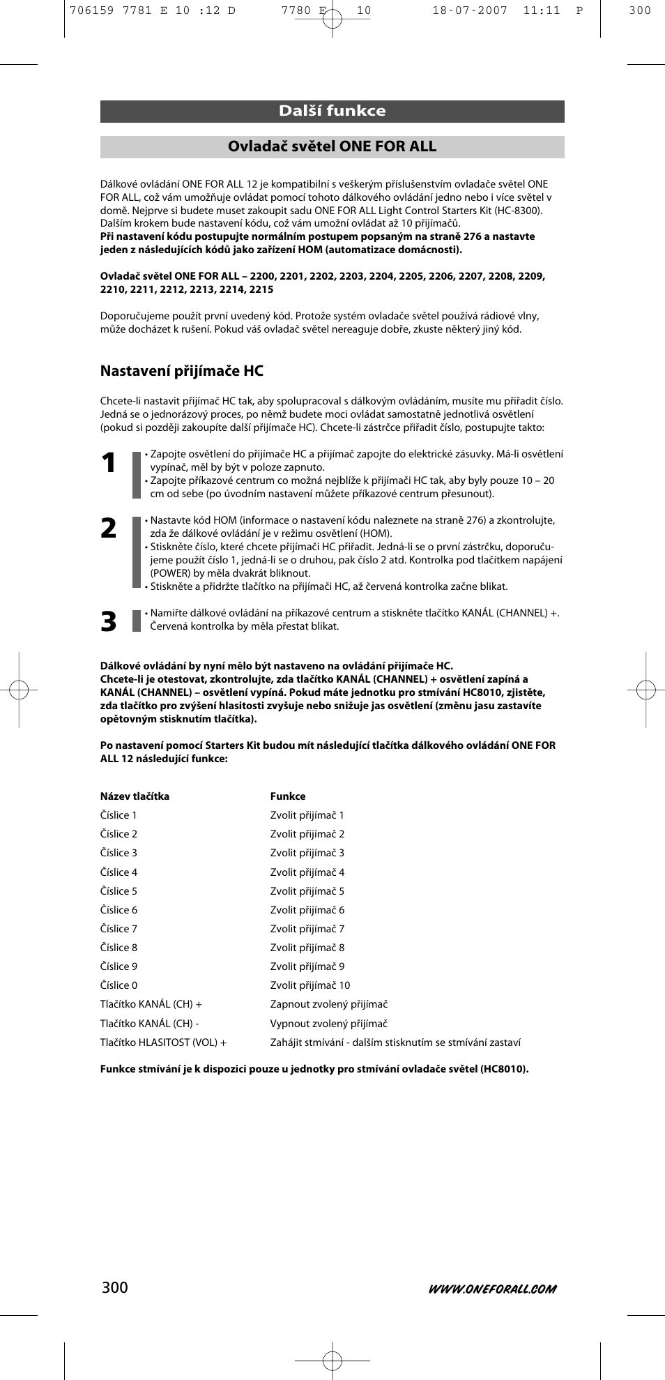 Nastavení přijímače hc, Další funkce ovladač světel one for all | One for All URC-7781 User Manual | Page 301 / 319