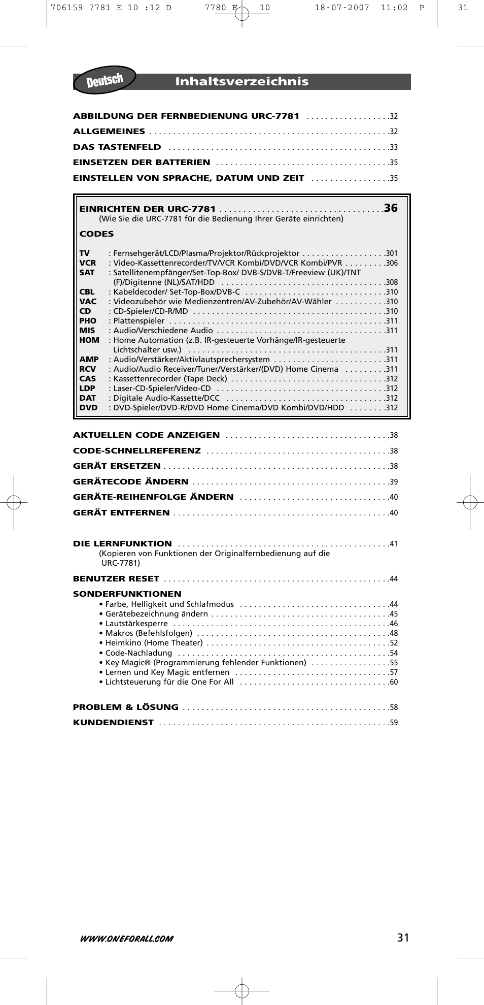 Deutsch, 31 inhaltsverzeichnis | One for All URC-7781 User Manual | Page 32 / 319