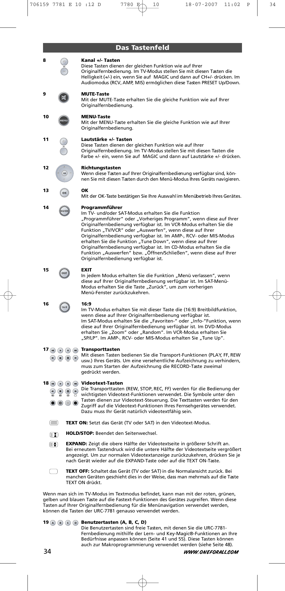 Das tastenfeld | One for All URC-7781 User Manual | Page 35 / 319