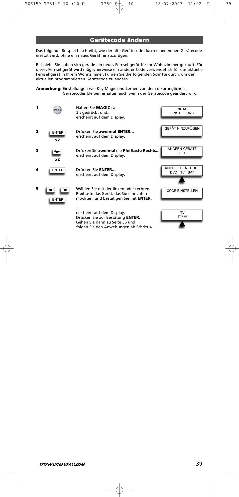 Gerätecode ändern | One for All URC-7781 User Manual | Page 40 / 319