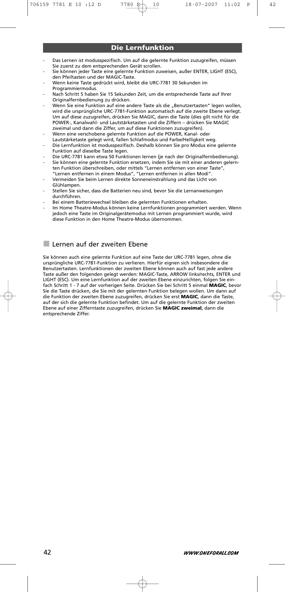 Die lernfunktion, Lernen auf der zweiten ebene | One for All URC-7781 User Manual | Page 43 / 319