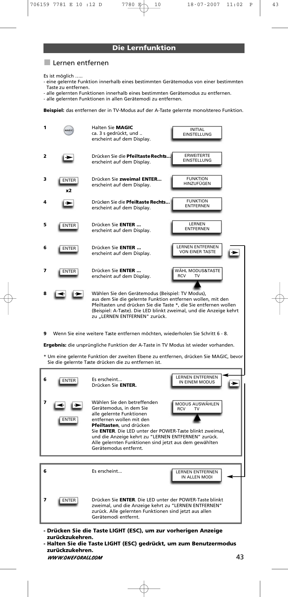 43 die lernfunktion lernen entfernen | One for All URC-7781 User Manual | Page 44 / 319