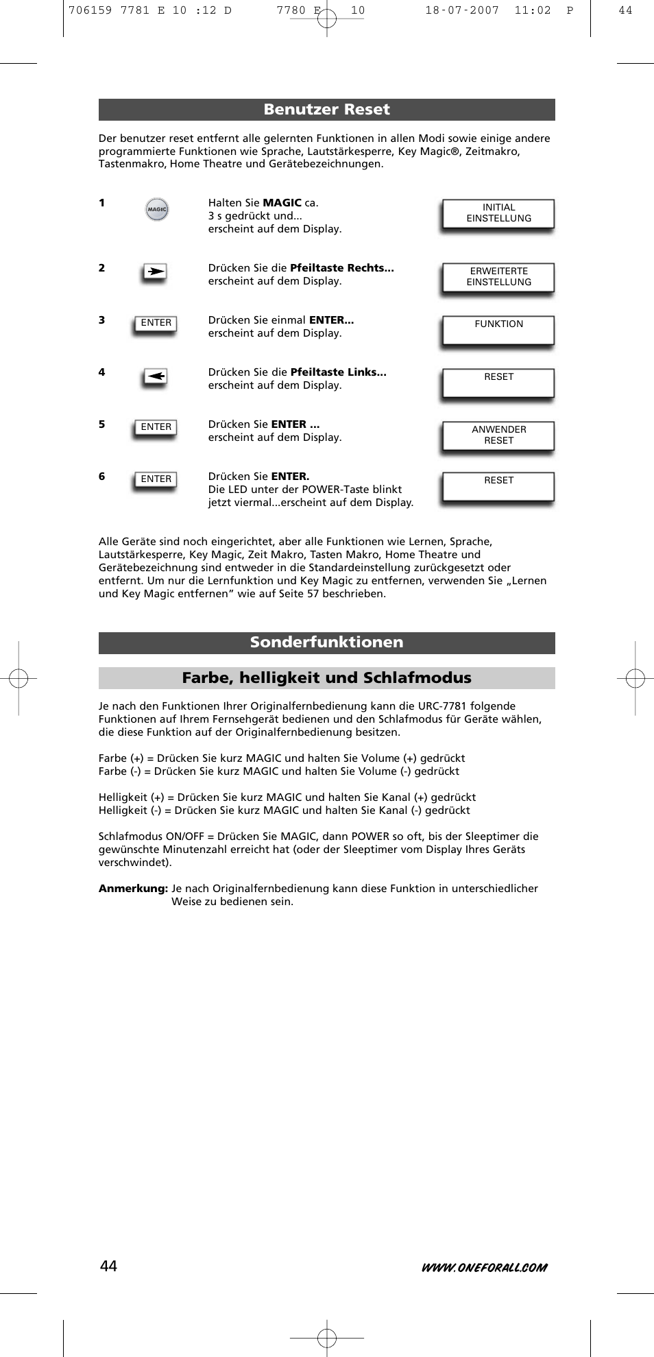Benutzer reset sonderfunktionen, Farbe, helligkeit und schlafmodus | One for All URC-7781 User Manual | Page 45 / 319