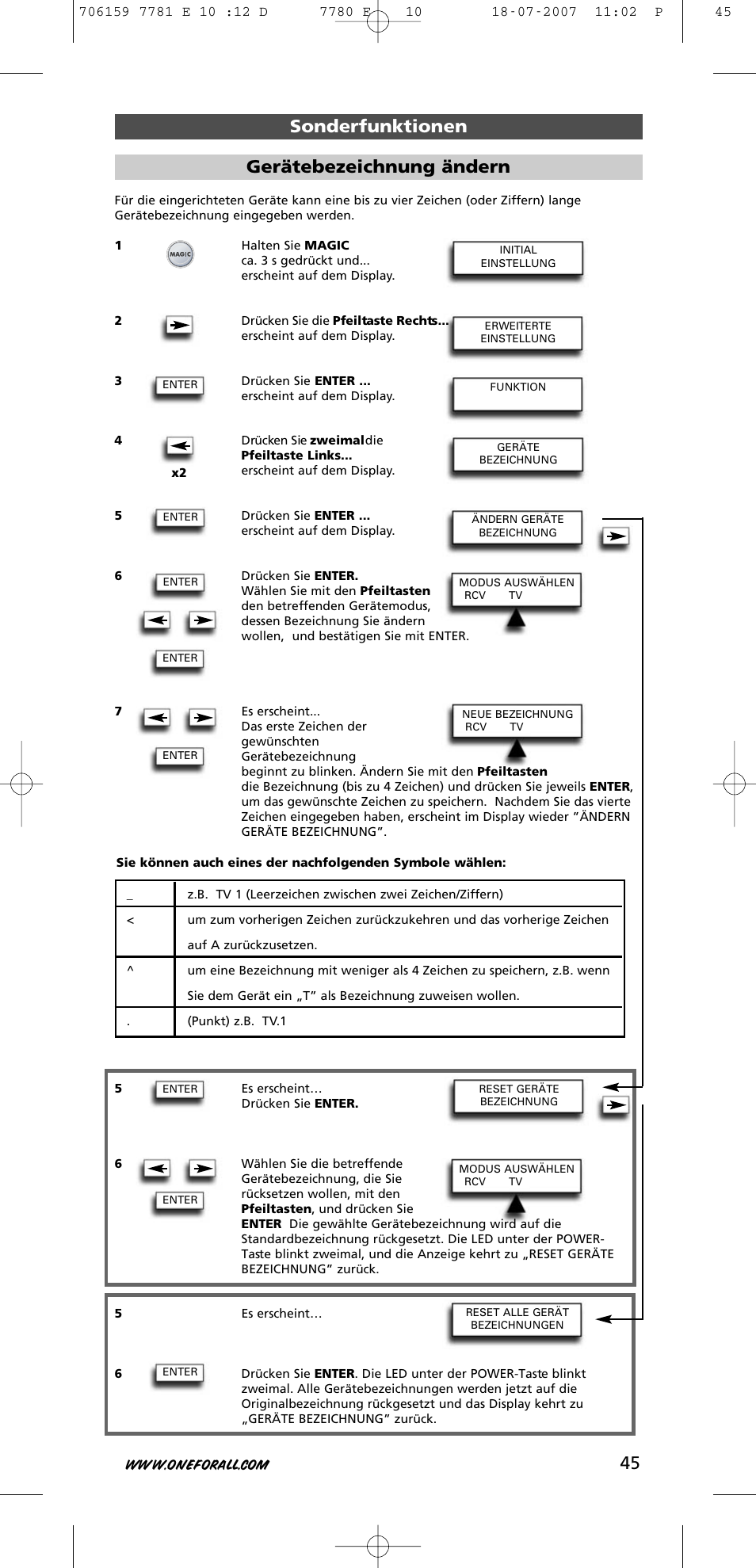 45 sonderfunktionen gerätebezeichnung ändern | One for All URC-7781 User Manual | Page 46 / 319