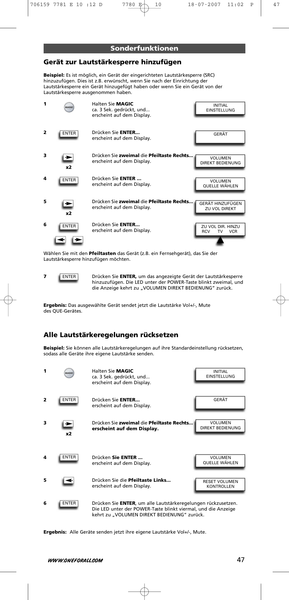 Alle lautstärkeregelungen rücksetzen | One for All URC-7781 User Manual | Page 48 / 319