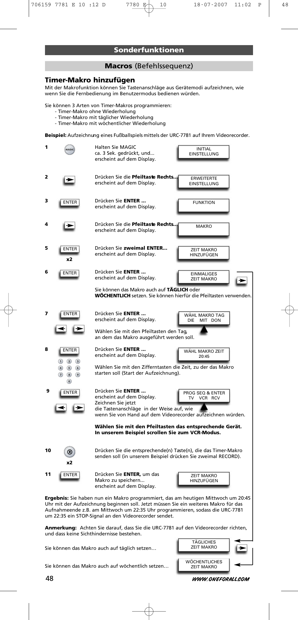 Sonderfunktionen timer-makro hinzufügen, Macros (befehlssequenz) | One for All URC-7781 User Manual | Page 49 / 319