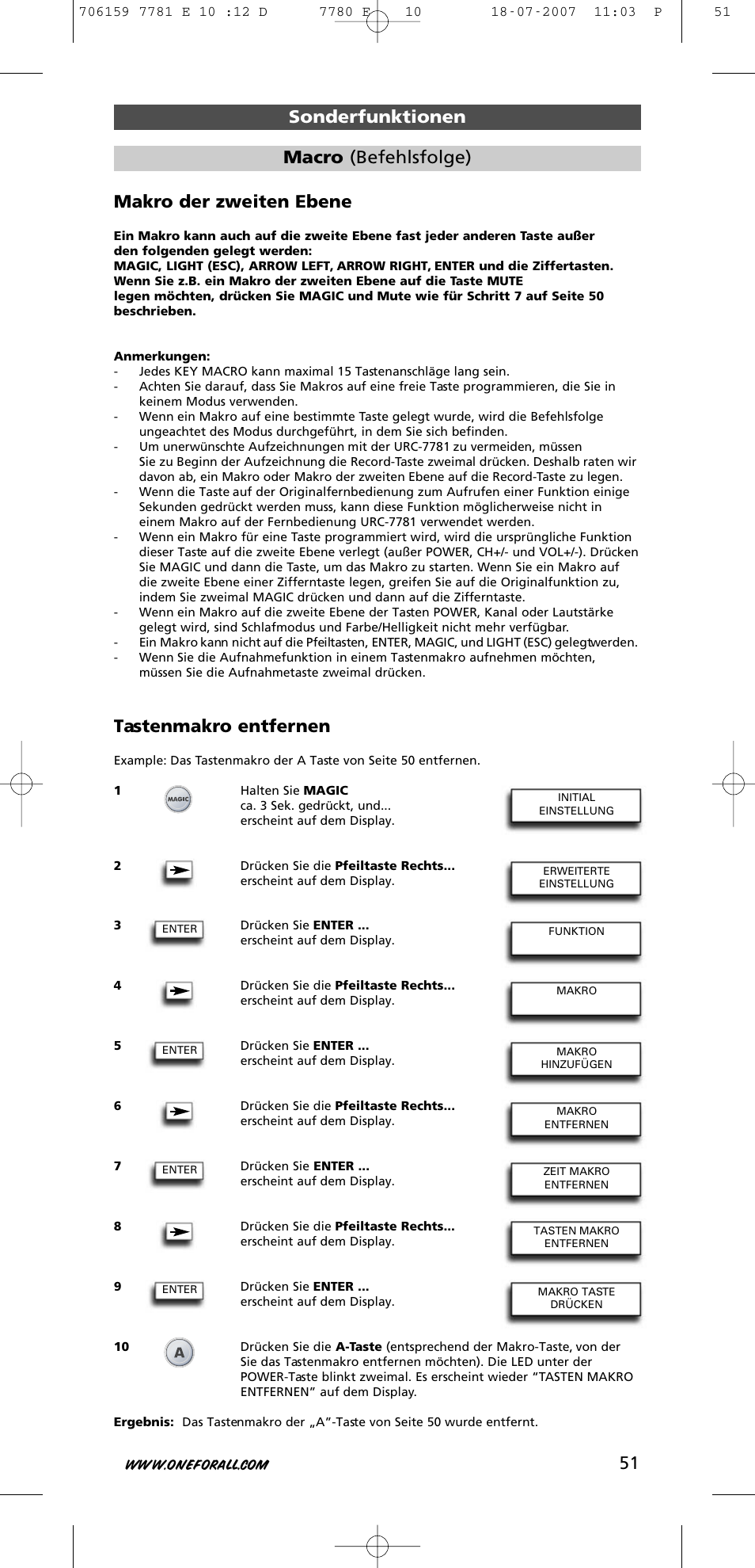 Makro der zweiten ebene, Tastenmakro entfernen, Sonderfunktionen macro (befehlsfolge) | One for All URC-7781 User Manual | Page 52 / 319