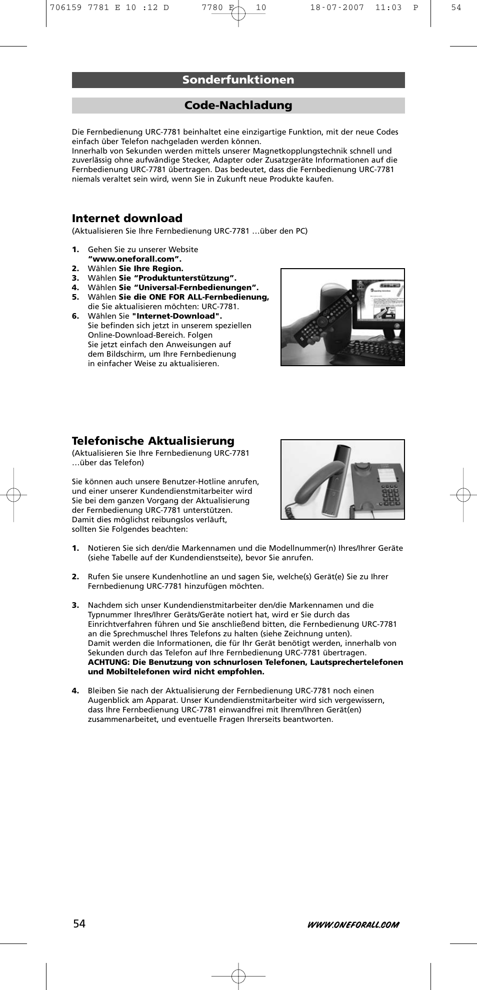 Internet download, Telefonische aktualisierung, Sonderfunktionen code-nachladung | One for All URC-7781 User Manual | Page 55 / 319