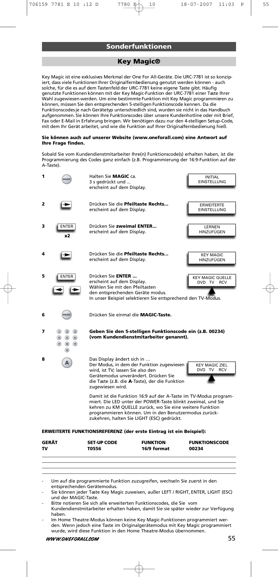 Sonderfunktionen key magic | One for All URC-7781 User Manual | Page 56 / 319