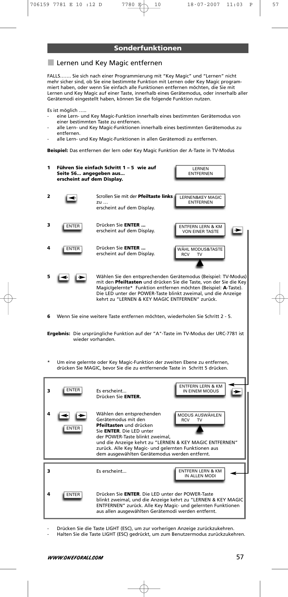 57 sonderfunktionen lernen und key magic entfernen | One for All URC-7781 User Manual | Page 58 / 319