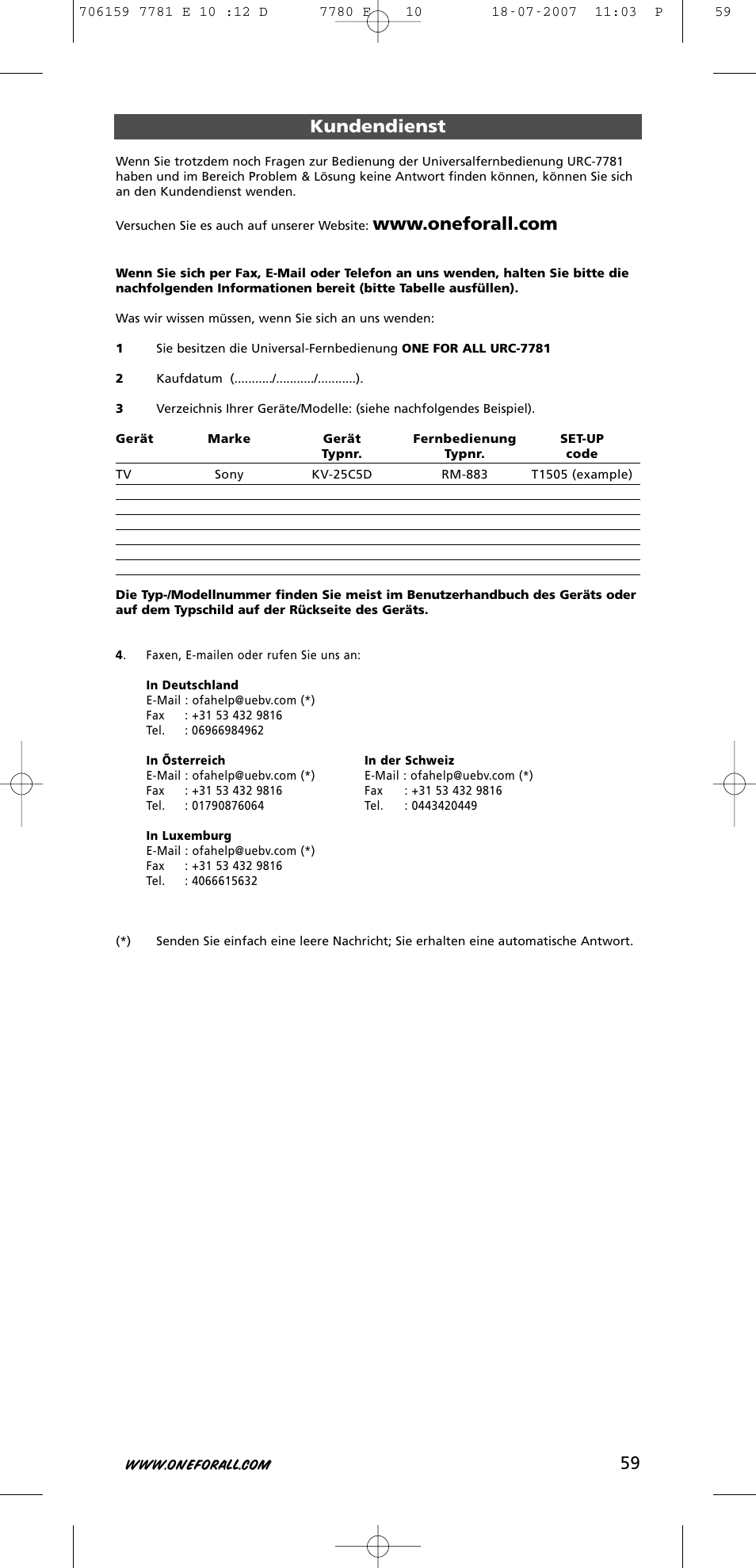 59 kundendienst | One for All URC-7781 User Manual | Page 60 / 319