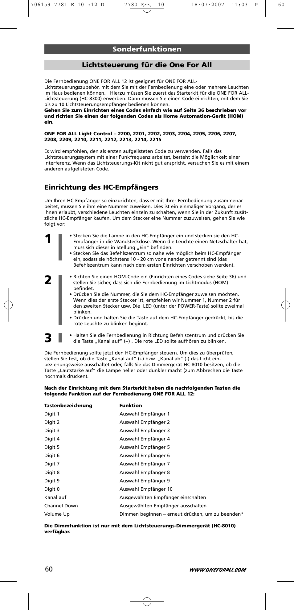 Einrichtung des hc-empfängers | One for All URC-7781 User Manual | Page 61 / 319