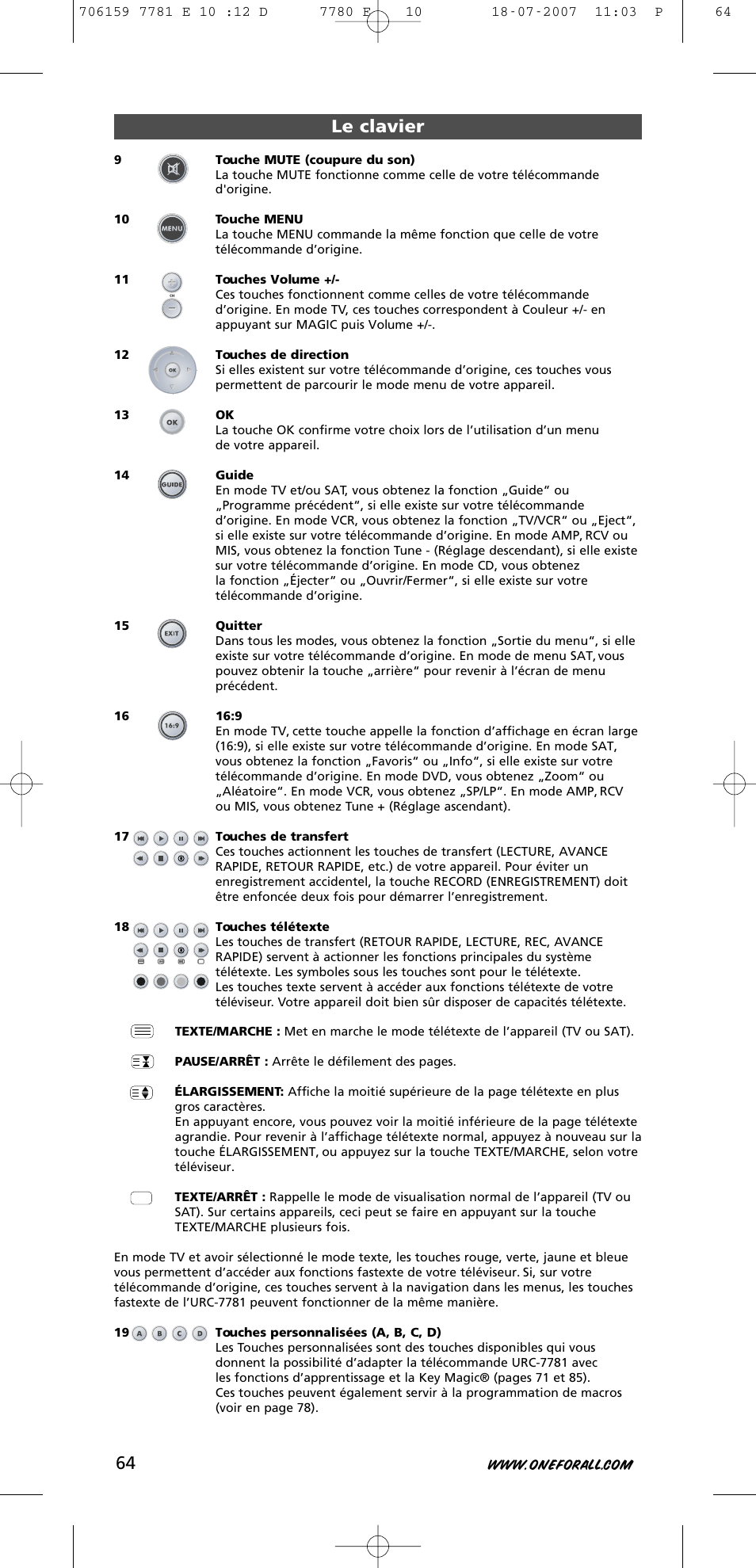 Le clavier | One for All URC-7781 User Manual | Page 65 / 319