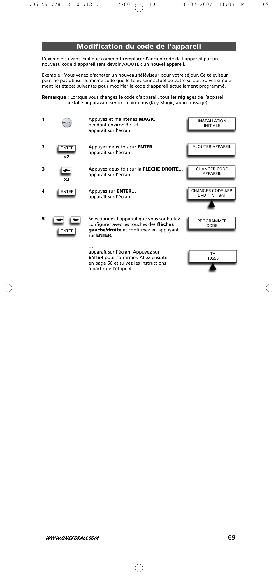 Modification du code de l’appareil | One for All URC-7781 User Manual | Page 70 / 319