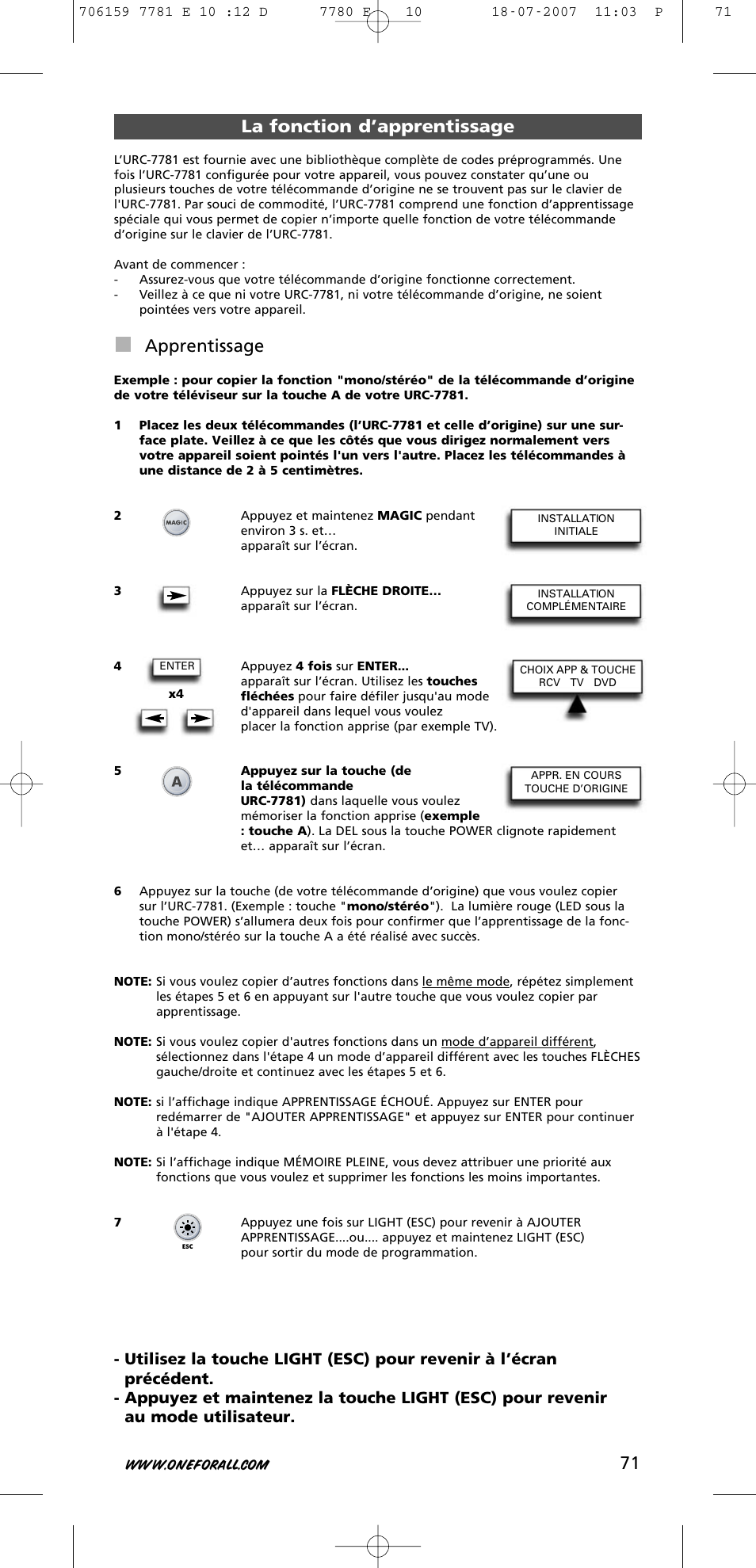 La fonction d’apprentissage, Apprentissage | One for All URC-7781 User Manual | Page 72 / 319