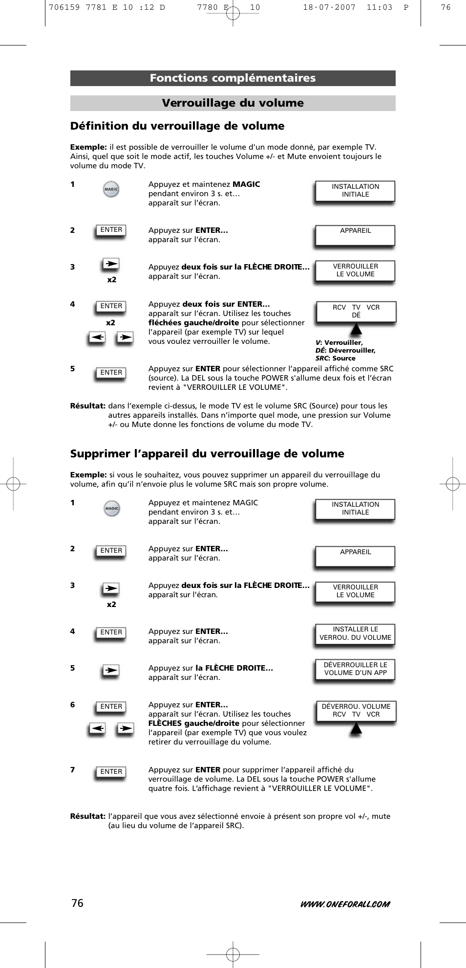 Supprimer l’appareil du verrouillage de volume, Verrouillage du volume | One for All URC-7781 User Manual | Page 77 / 319