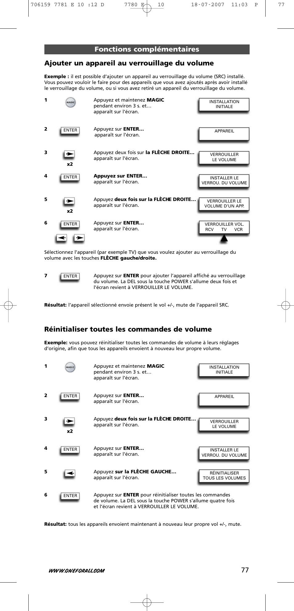 Réinitialiser toutes les commandes de volume | One for All URC-7781 User Manual | Page 78 / 319