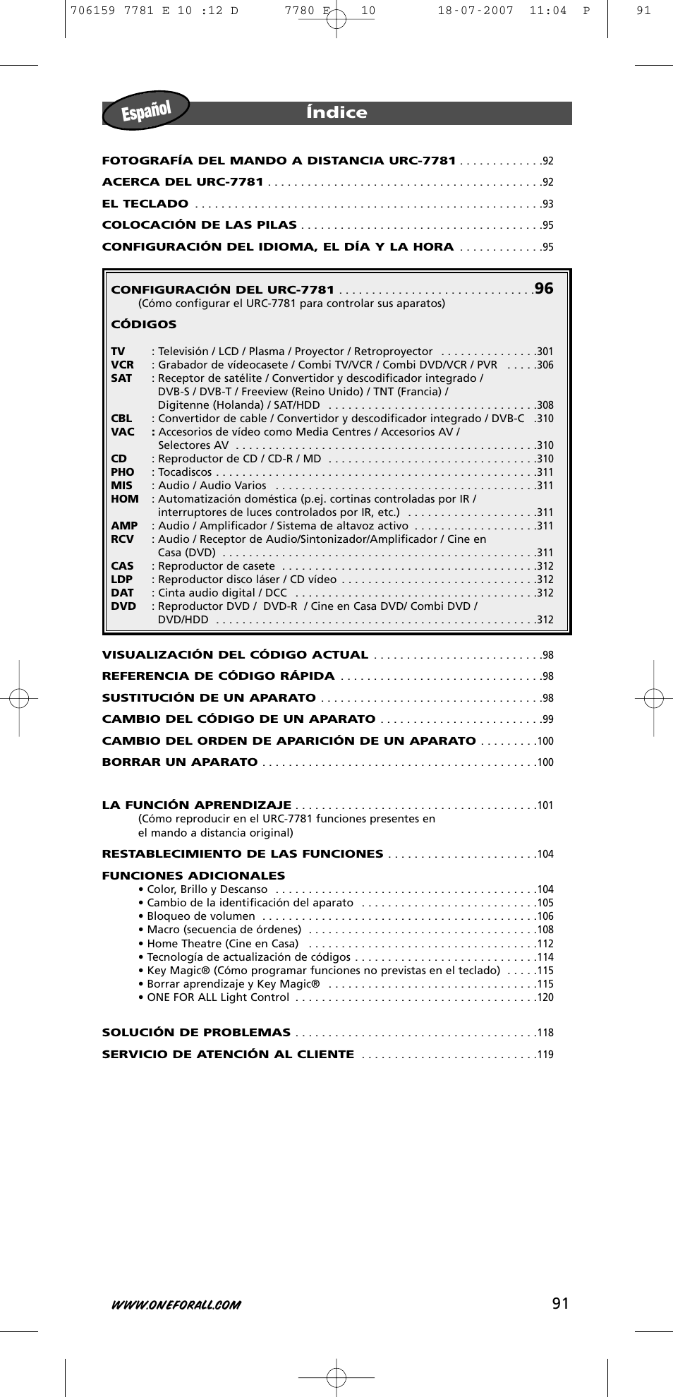 Español, 91 índice | One for All URC-7781 User Manual | Page 92 / 319